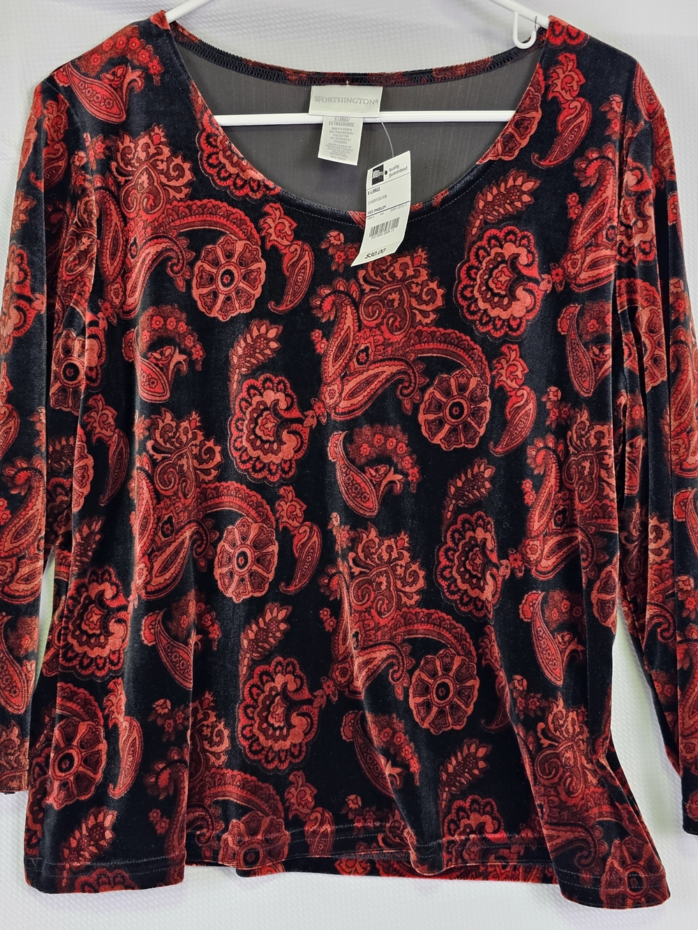 Worthington Black Velvet Long Sleeve Top with Red Paisley Print
